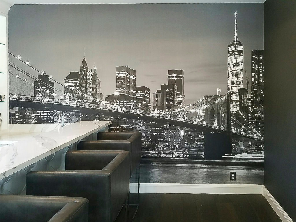 cityscape wallpaper behind bar