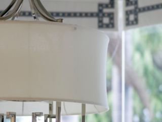 close up details of breakfast nook light and drapes
