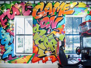 commercial kids and teens space arcade with graffiti on walls