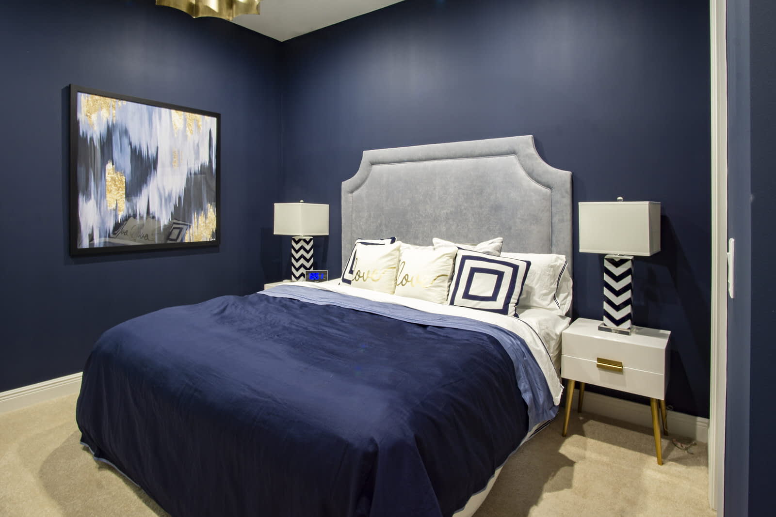 guest bedroom navy and gold