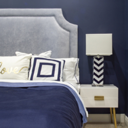 navy blue and gold with patterns bedroom