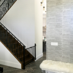 new construction stairs and wallpaper