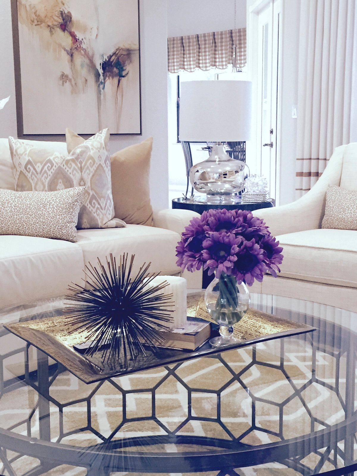 purple flower accent in living room