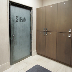 steamed shower doors commercial bathroom