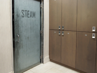 steamed shower doors commercial bathroom